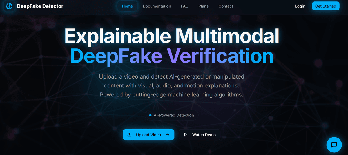 Landing page that shows detailed information about the Deepfake Detection System project, including overview, architecture, and key features.