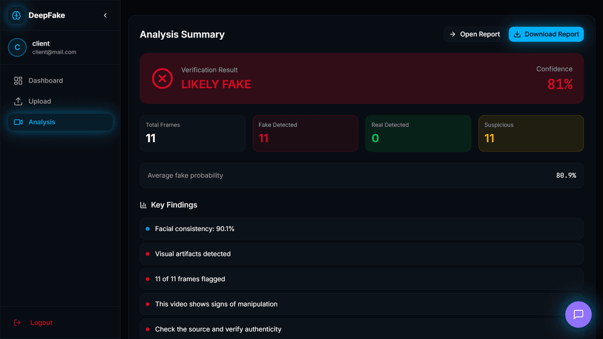 Prediction results showing the classification of the uploaded video along with confidence scores