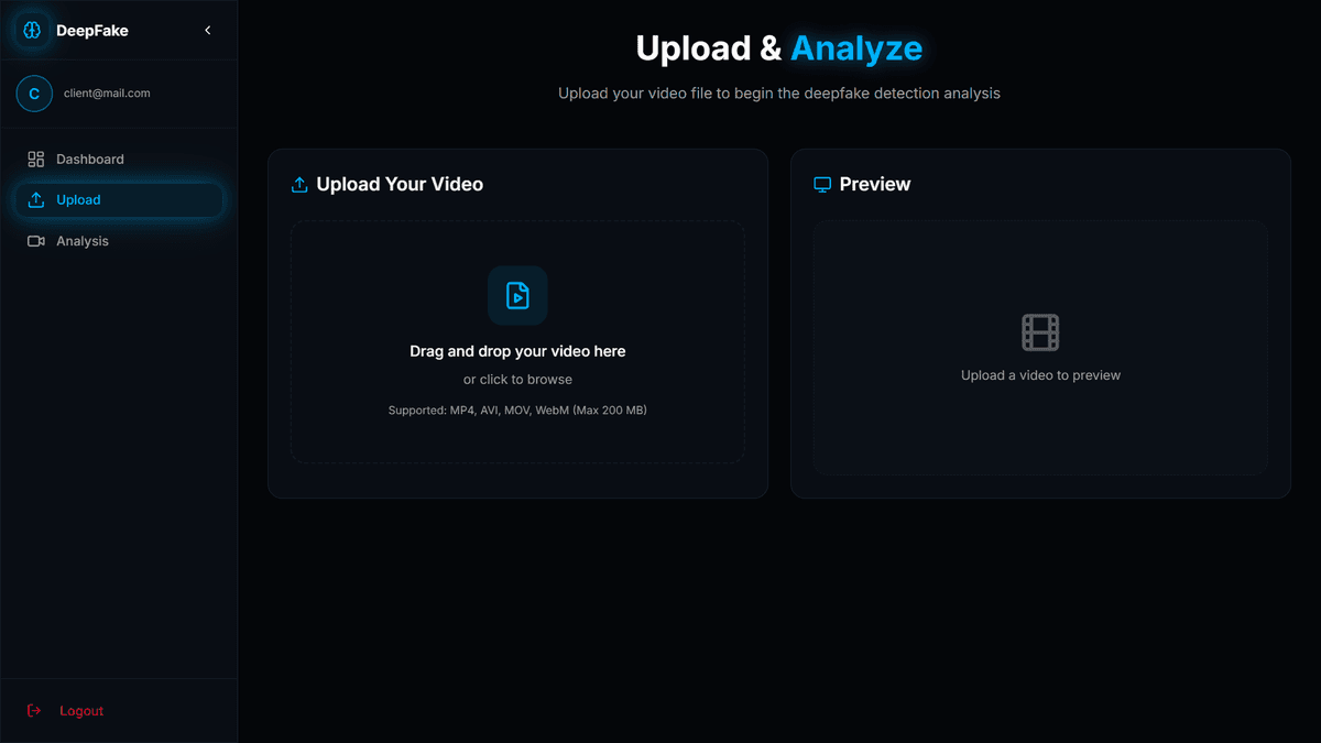 Upload interface for submitting videos for deepfake detection