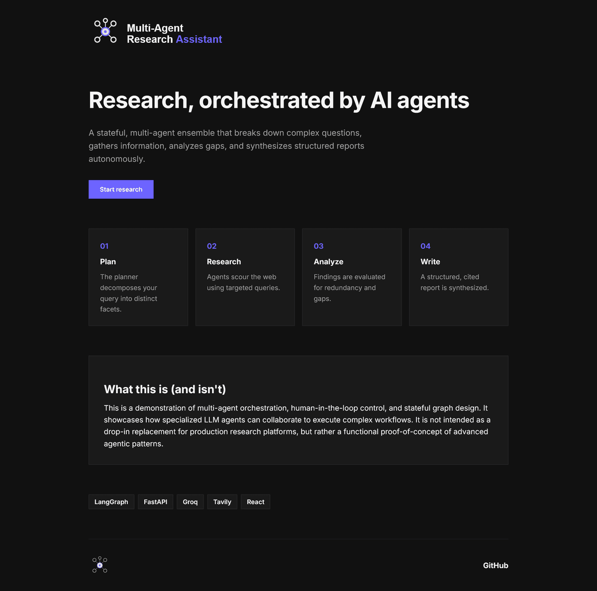 Landing page that shows detailed information about the RAG Knowledge Assistant project, including overview, architecture, and key features.